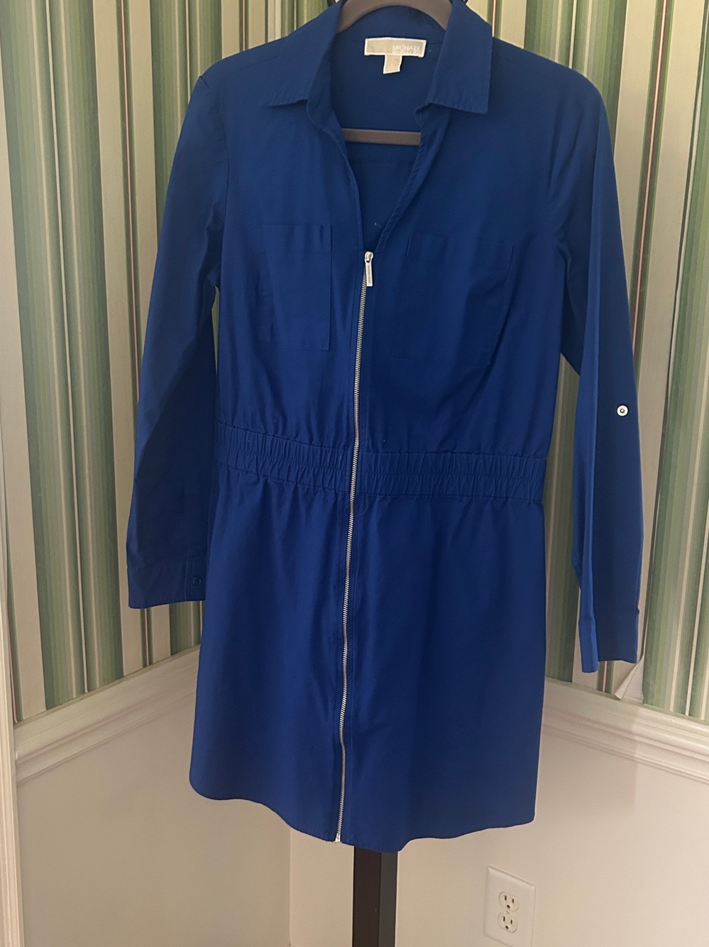 MICHAEL Michael Kors Shirt Dress Cinched Waist Blue Long-Sleeve Zip Front Sporty - Picture 2 of 11